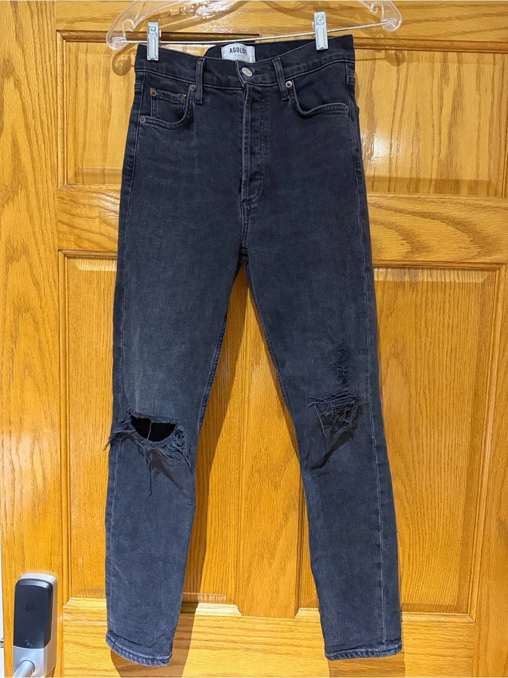 Agolde Black Nico High Rise Jeans with Distressed Knees